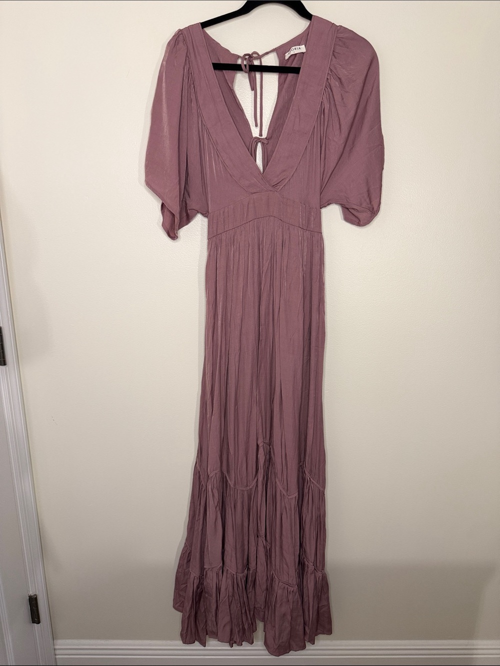 Storia Dusty Mauve Deep VNeck Short Sleeve Flutter Maxi Dress Open Back Small